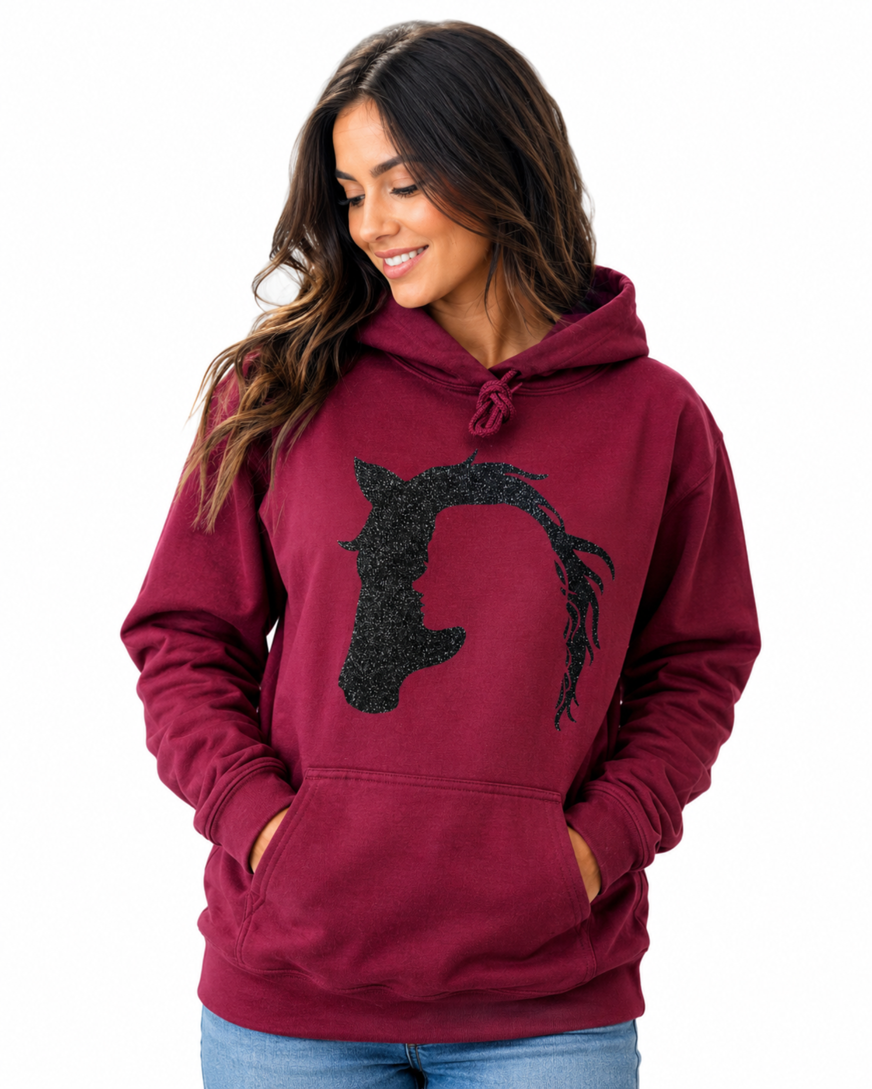 Horse & Woman Silhouette Hoodie β Black Glitter