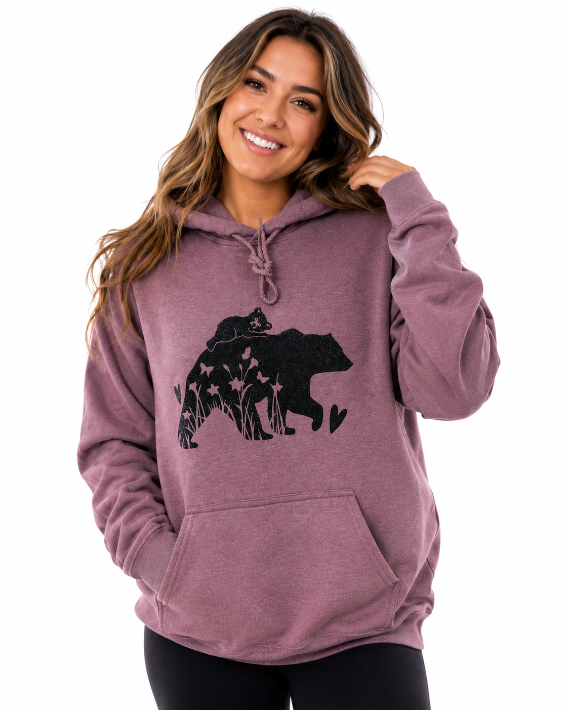 Mama Bear & Cub Black Glitter Hoodie – Heather Maroon ✨
