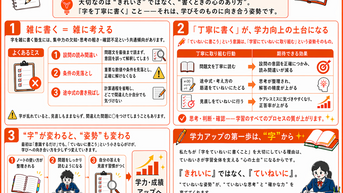 STEP個別指導塾|学びの質を変える「ていねいさ」をテーマに、字を丁寧に書くことが学習姿勢や成績向上につながる理由を説明した教育用インフォグラフィック。雑に書くことで起こりやすい読み間違い・条件の見落とし・途中式の書き飛ばしを示し、問題文を丁寧に読む、途中式を書く、見直しを行うことで、思考・判断・確認の質が上がることを図解している。