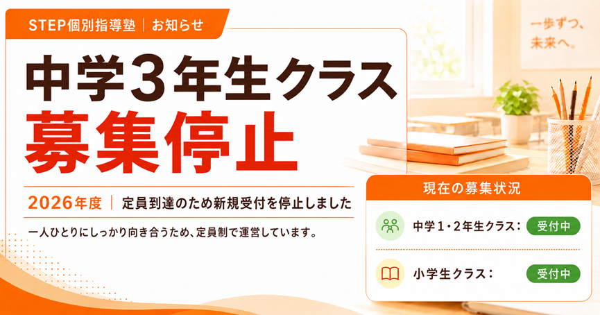 STEP個別指導塾のお知らせ用アイキャッチ画像。中学3年生クラスが2026年度の定員に達したため募集停止となったことを大きく表示し、現在の募集状況として中学1・2年生クラスと小学生クラスは受付中であることを案内している。