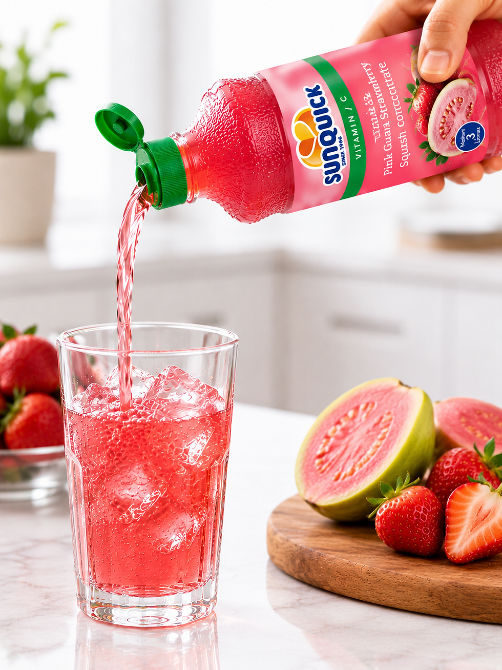 Thumbnail: Pouring Sunquick Pink Guava & Strawberry into glass with ice