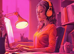pink and orange, office, desk, lamp, woman with headphones.jpg