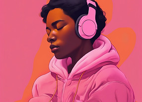 person wearing pink and orange headphones, sleeping, pink background.jpg