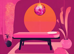 pink and orange, disco ball, massage table, hot stones.jpg