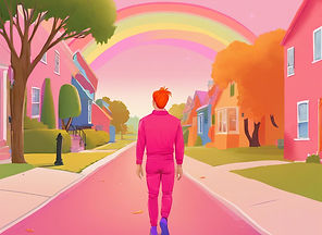pink and orange, gay person walking in neighborhood, rainbow.jpg