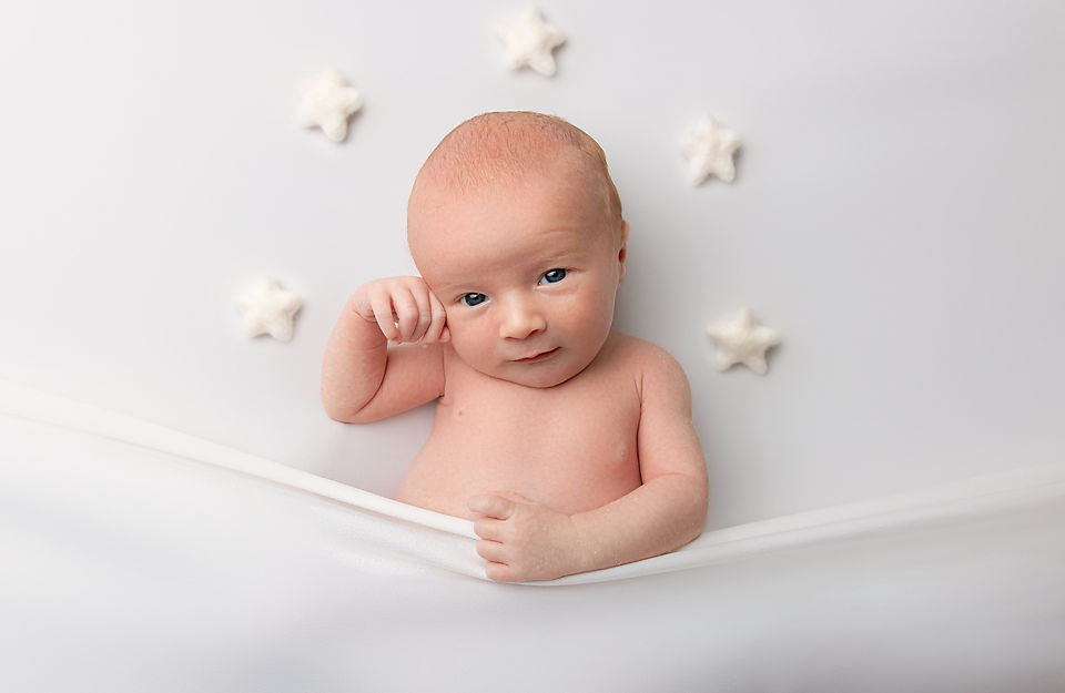 simple image, baby on white, wide awake, newborn session, Kirsty Mack Photography