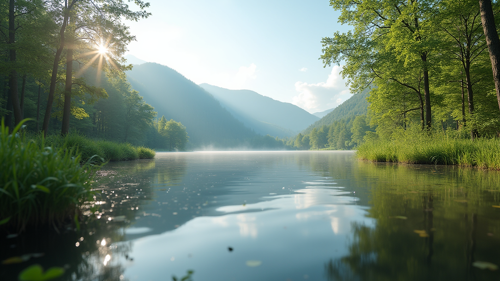 Eye-level view of a serene nature scene with a tranquil lake