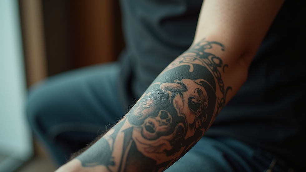 Eye-level view of a tattooed arm with a detailed scar cover-up design