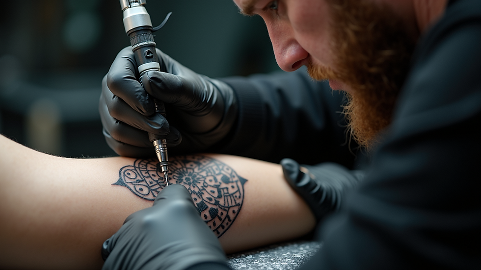 Eye-level view of tattoo artist working on a geometric tattoo