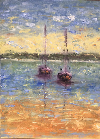 two yachts moored at sunset  painting 