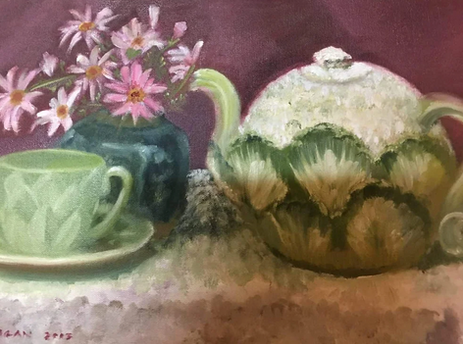 teapot in shape of cauliflower daisies and cup and saucer still life painting  