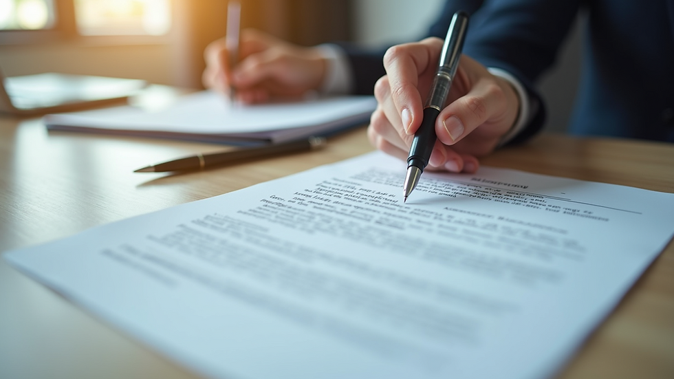 Eye-level view of a desk with legal documents and a pen