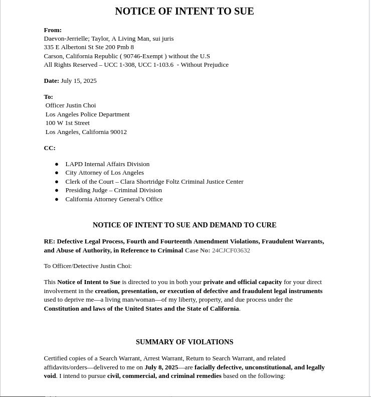 Intent to sue - Justin Choi ( Lapd Officer )