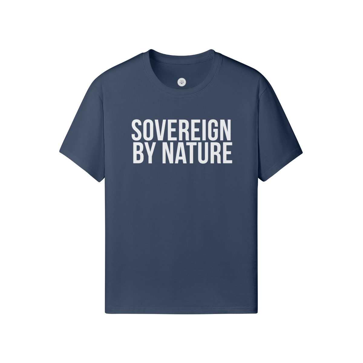 Navy blue t-shirt with white text reading SOVEREIGN BY NATURE.