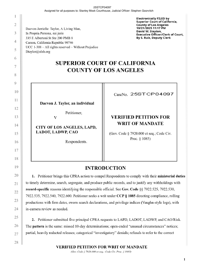 Screenshot of Verified Petition For Writ of Mandate (CPRA)