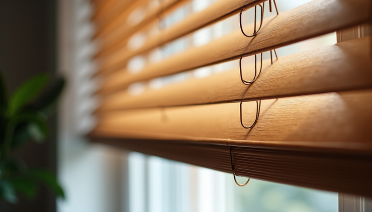 Eye-level view of a custom-made wooden blind installed on a Vancouver home window