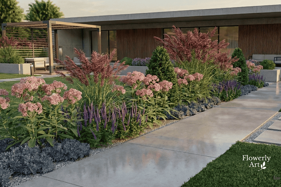 Całoroczna rabata z trawami i bylinami wzdłuż ścieżki