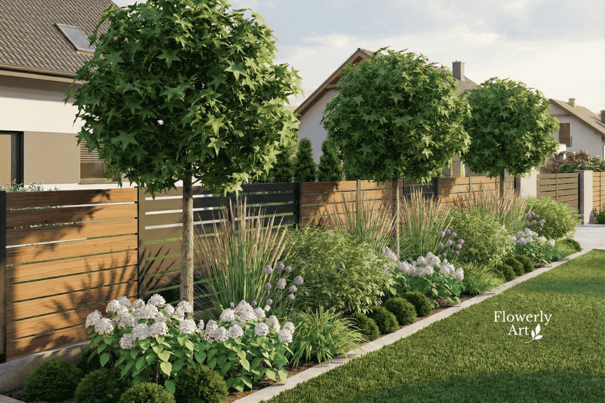 Rabata wzdłuż płotu z małym drzewem