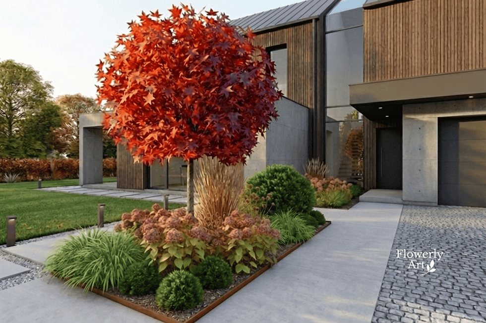 Ogród przed domem z małym drzewem i hortensjami