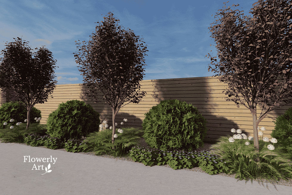 Projekt rabaty z małym drzewem, iglakami i trawami