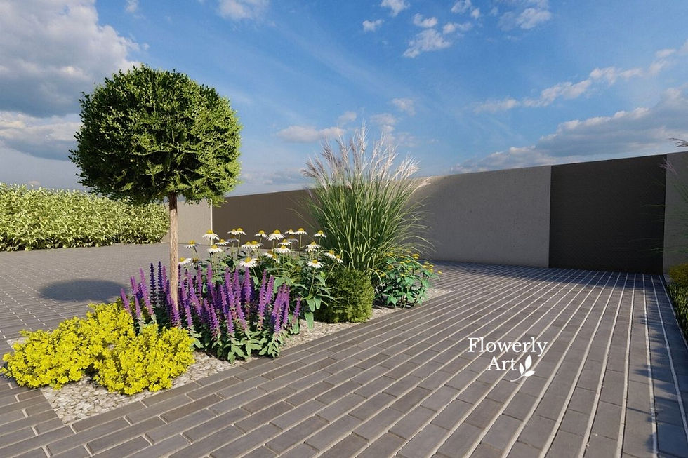 Miniatura: Rabata z trawami, kwiatami i iglakami przy wejściu do domu