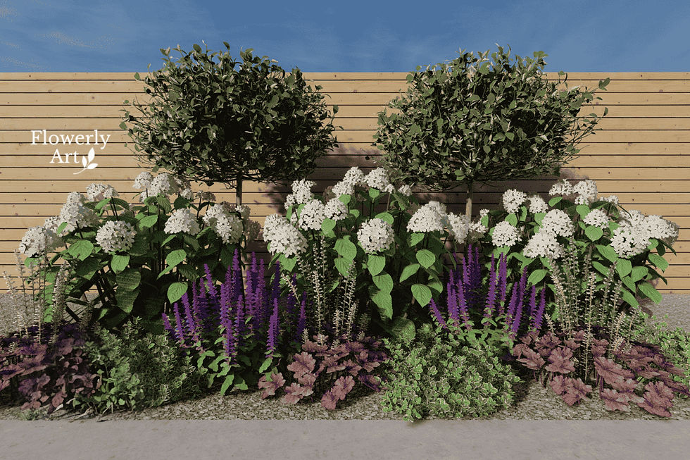 Kompozycja roślin na rabacie wzdłuż ogrodzenia