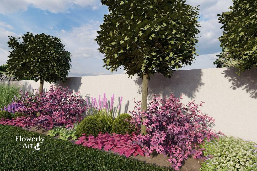 Rabata ogrodowa wzdłuż ogrodzenia z kwiatami wiosna-lato różowa