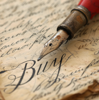 Aged paper with a quill pen on it by the scripted word "Buy"