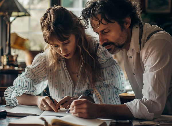 Woman and Man writing together at a table