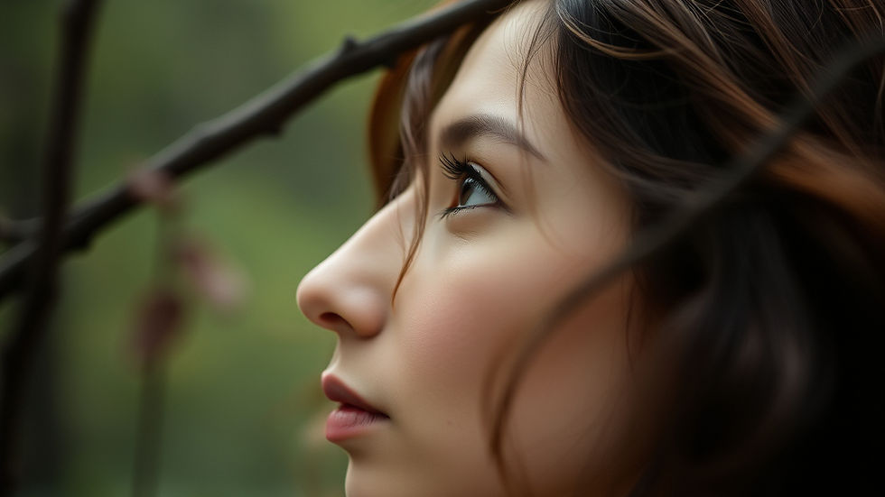 Profile of a woman with long hair, looking up, surrounded by branches. Soft lighting and a blurred green background create a serene mood.