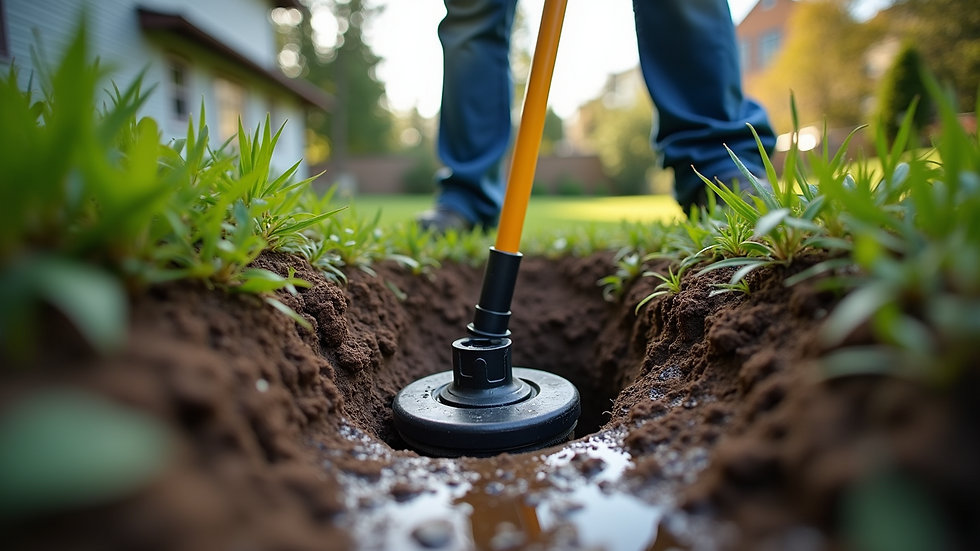 Eye-level view of a septic tank inspection being performed in a residential backyard