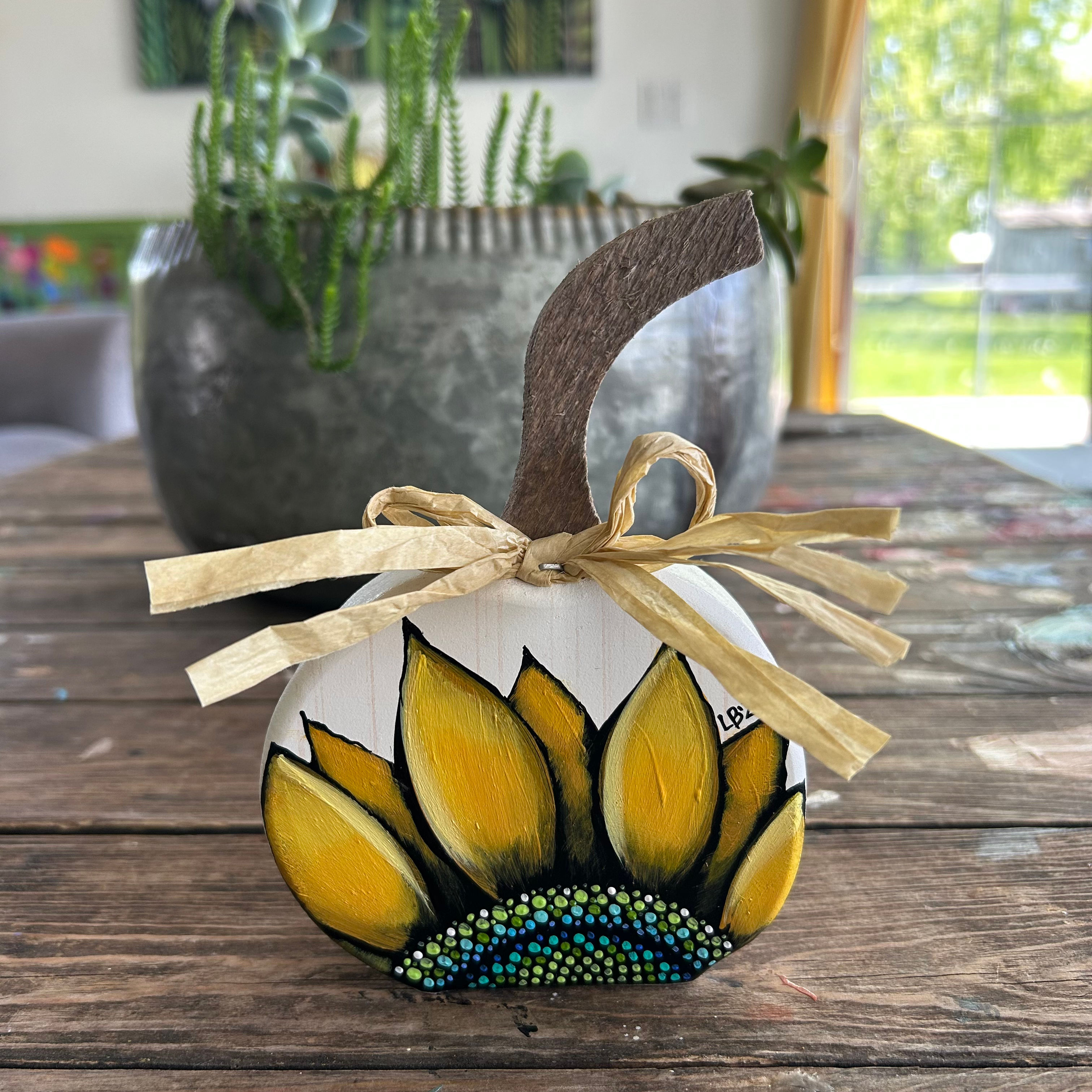 3”x4.25” Sunflower on Wooden Pumpkin  (6” tall with stem)💛