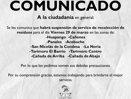 Suspensión Temporal del Servicio de Recolección de Residuos por Celebraciones Religiosas