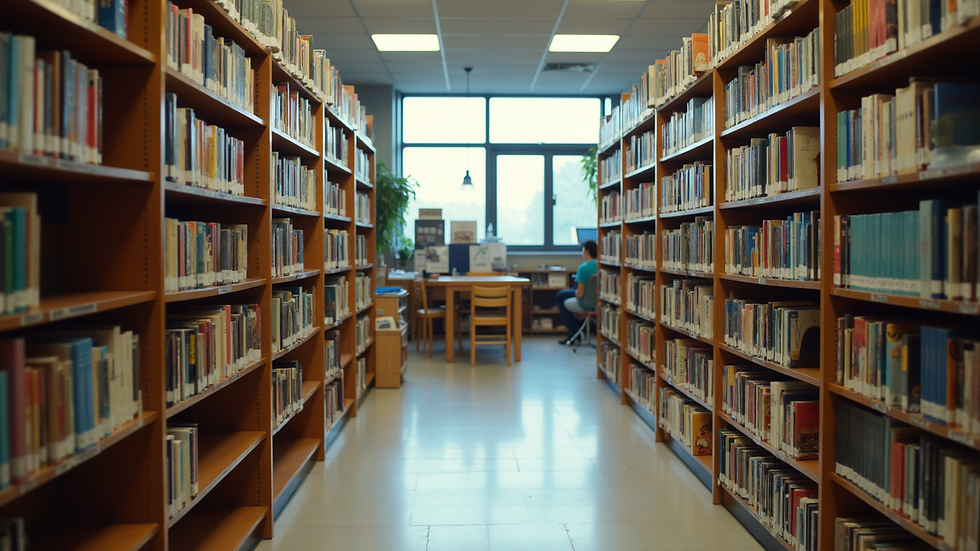 High angle view of a school library with diverse books and learning materials