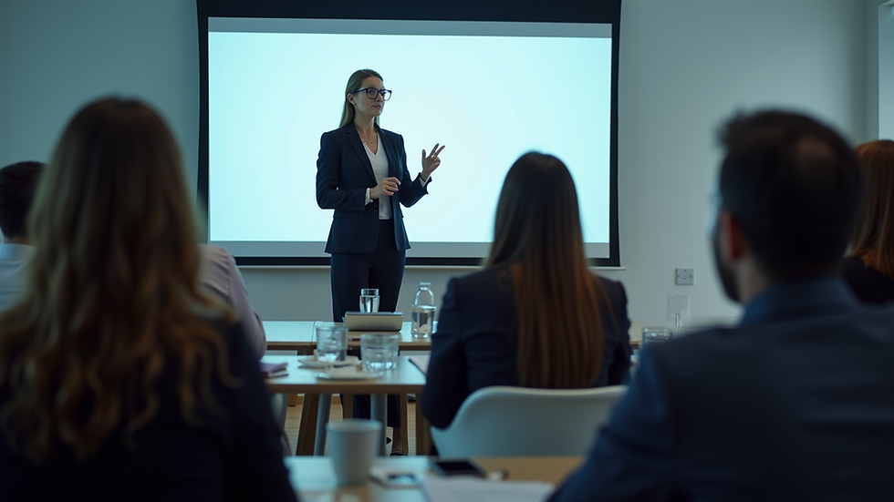 Eye-level view of a woman presenting at a business conference