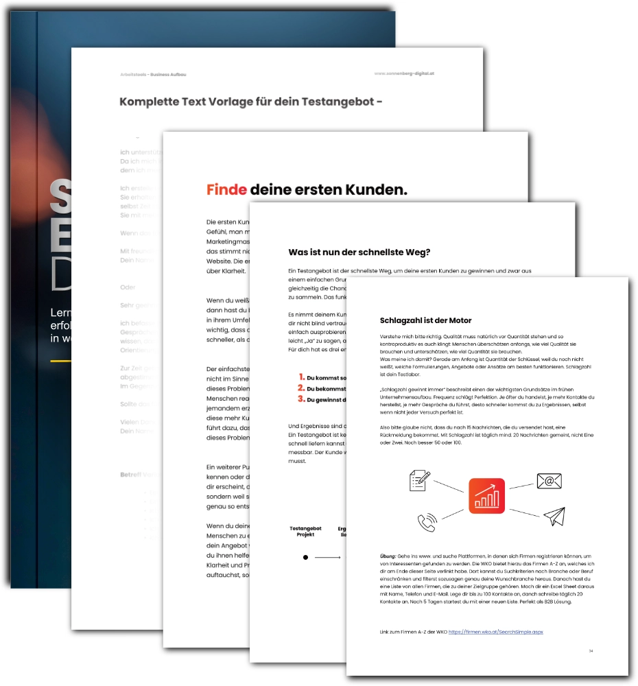 Gedruckte Seiten eines Business Guides mit Textvorlagen, Strategien zur Kundengewinnung, Diagrammen und Tipps für Testangebot