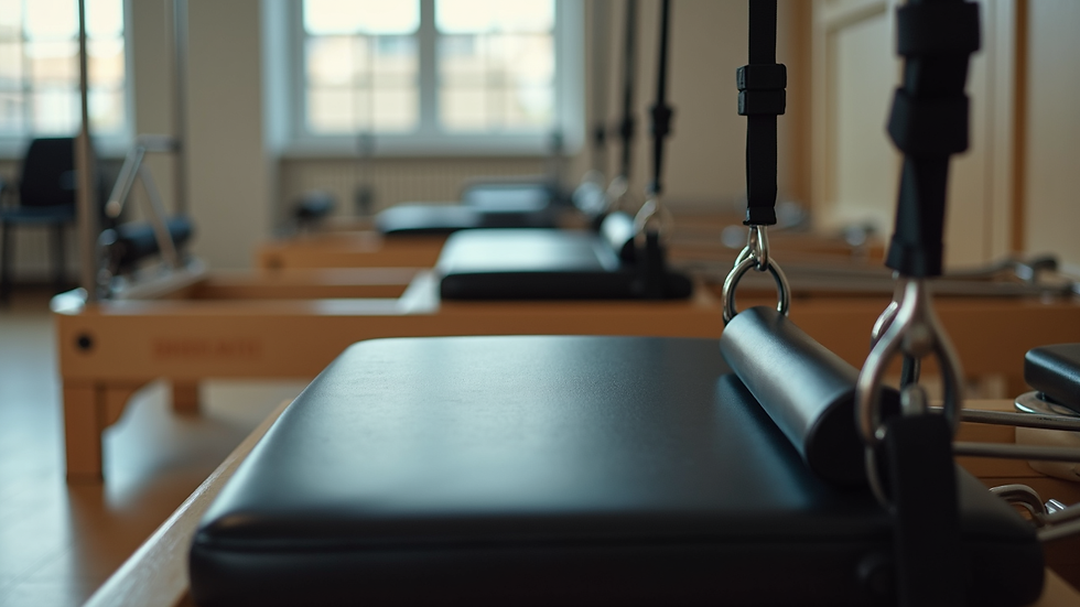 Close-up view of Pilates reformer straps and springs