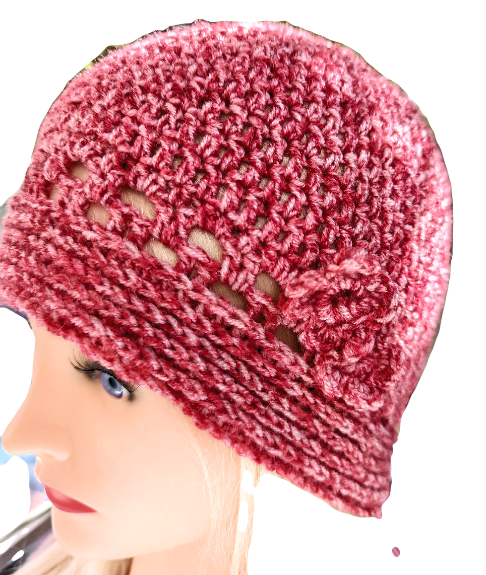 Thumbnail: Raspberry cloche crocheted hat