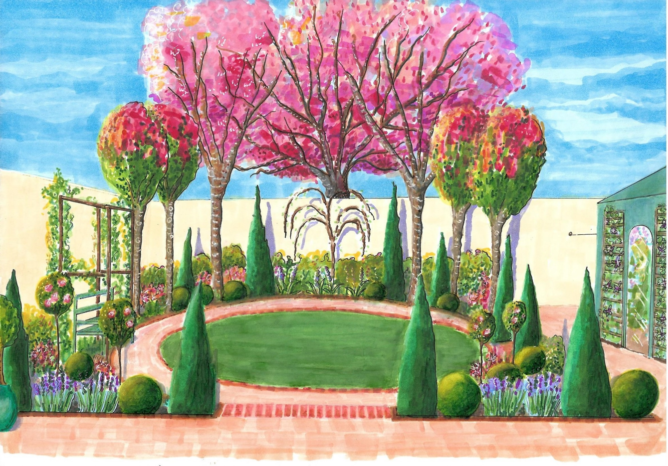 Perspective view of shallow garden