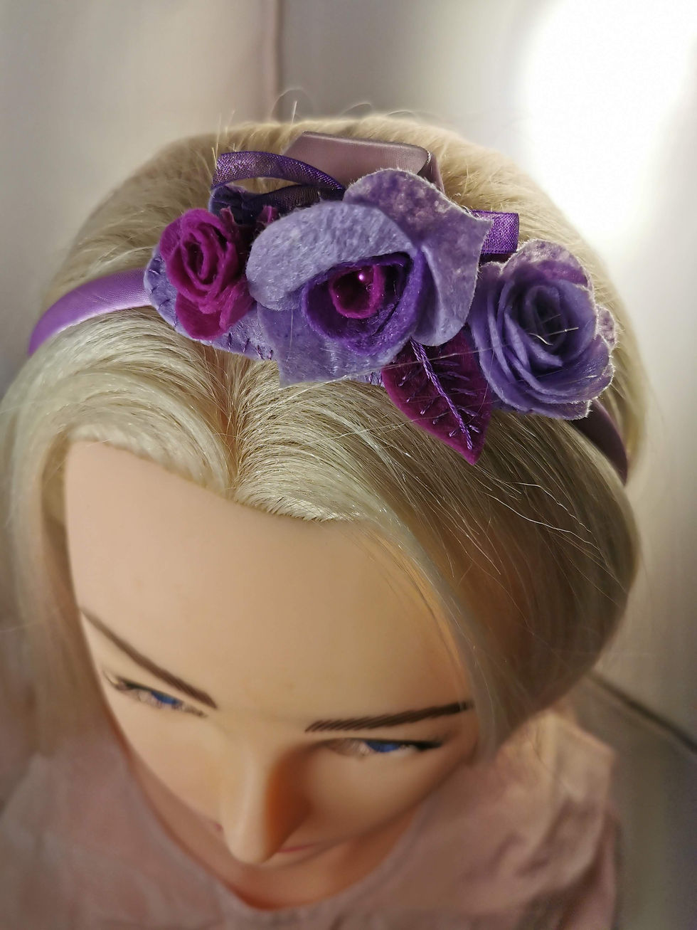 Thumbnail: Lilac satin headband with roses and beads