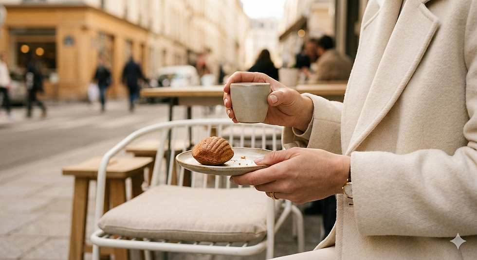 A person in a beige coat holds a cup and a plate with a madeleine at an outdoor café. Blurred city street in the background. Cozy mood.
