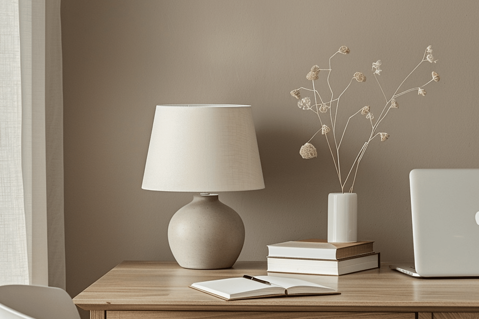 A tidy desk with a beige lamp, an open notebook, stacked books, dried flowers in a vase, and a closed laptop against a brown wall. Calm ambiance.