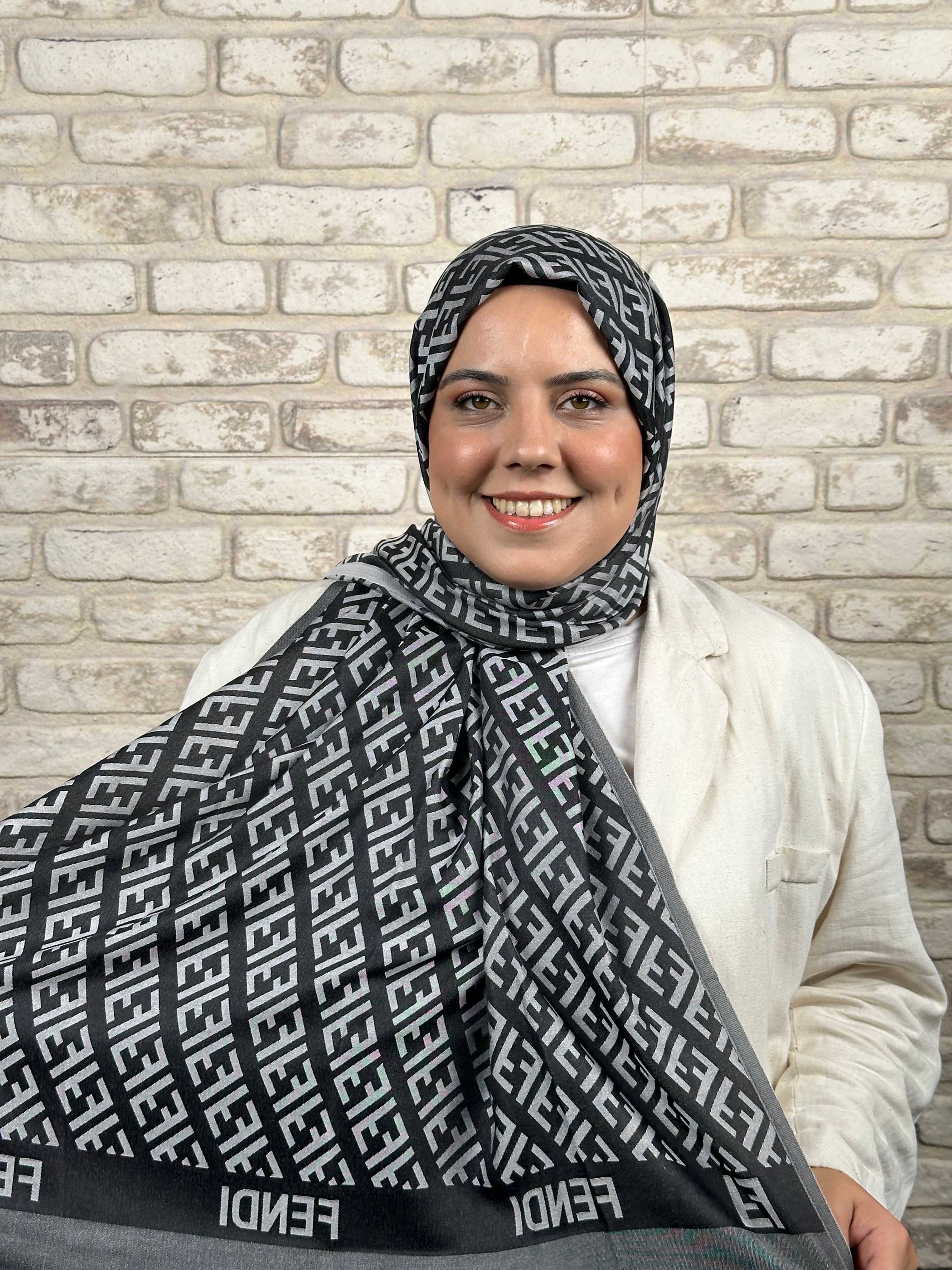 F Desenli İpek Kaşmir Çift Taraflı Şal- Gri / Siyah