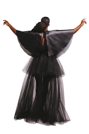 Black-fashion-design-couture-San-diego-leather-sheer-skirt-blouse-cape