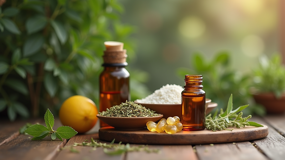 Close-up view of herbal remedies on a wooden table