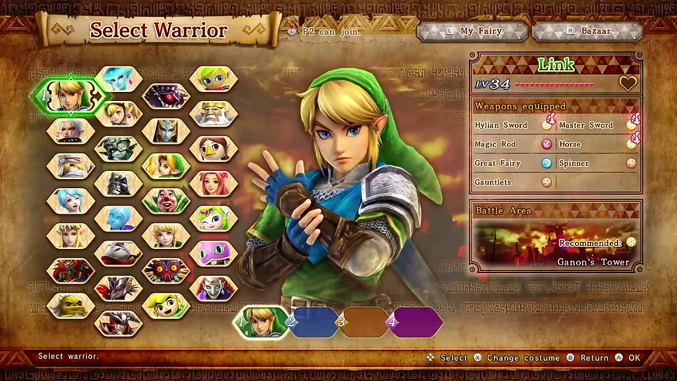 Game character selection screen featuring a warrior in green, text "Select Warrior," and various character icons. Mood is intense.