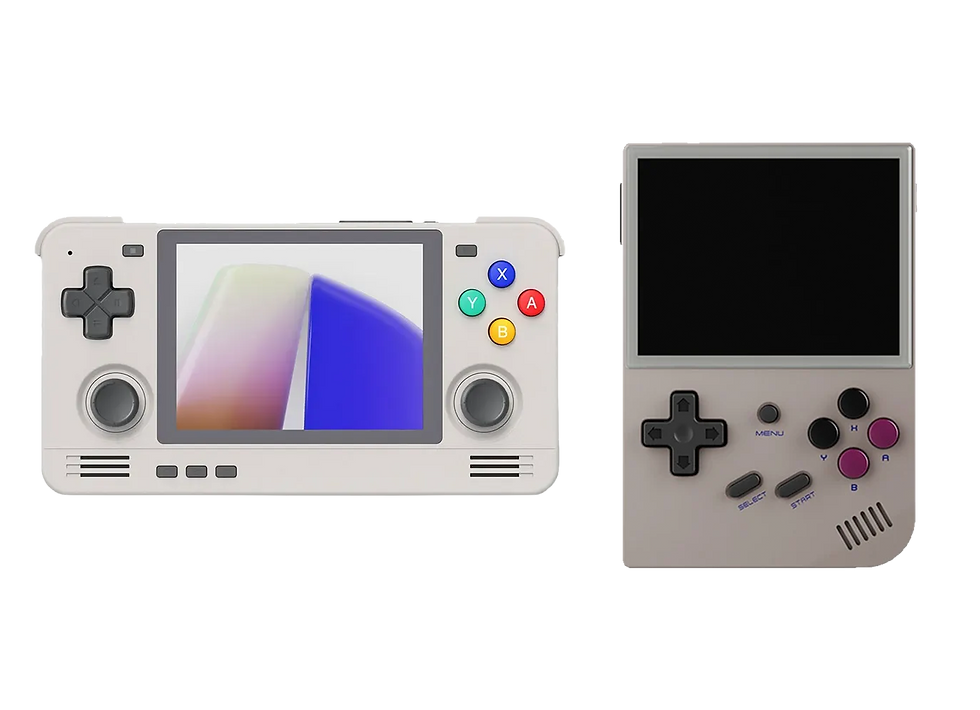 Two handheld gaming consoles; left one features a colorful screen, gray body, and colored buttons; right one is gray with a blank screen.
