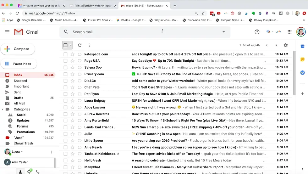 Gmail inbox with 66,246 unread messages. Various promotional emails listed, timestamps visible. Left sidebar shows mail categories.