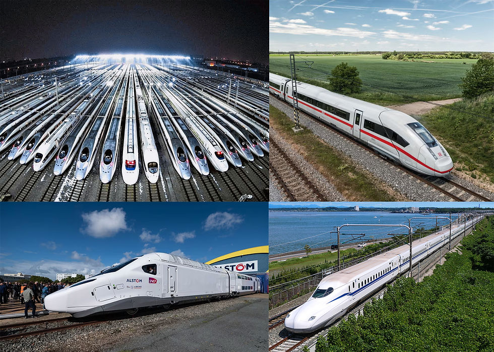 High-speed trains featured in various settings: a brightly lit depot, rural landscape, near a body of water, and at a train station.