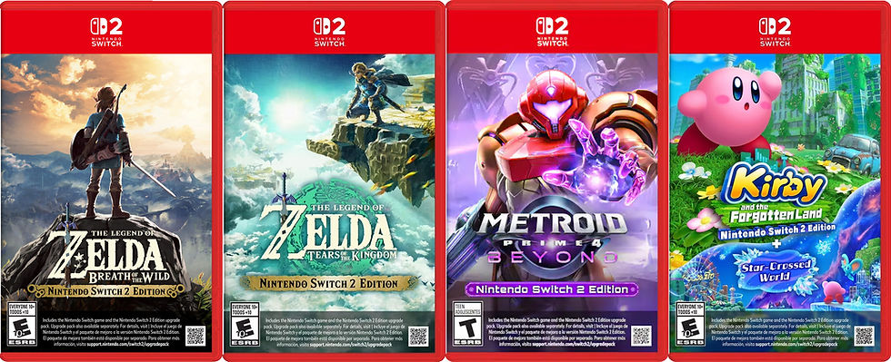 Game covers for Nintendo Switch 2: Zelda games, Metroid Prime 4, and Kirby. Vibrant colors, iconic characters, adventure themes.